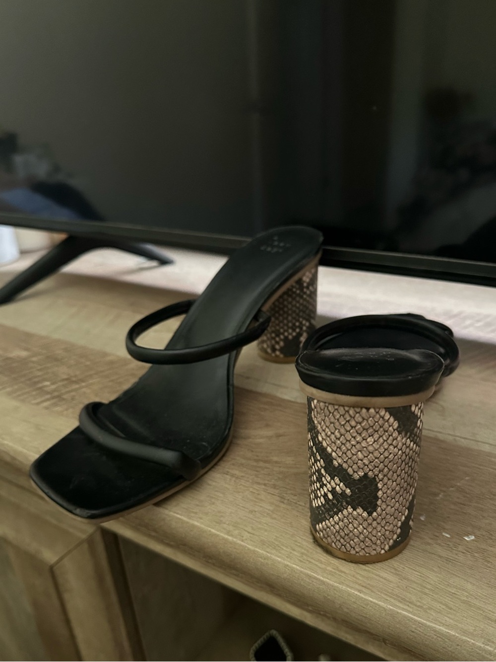 Zara Black Mule Sandals with Snake-Print Block Heel